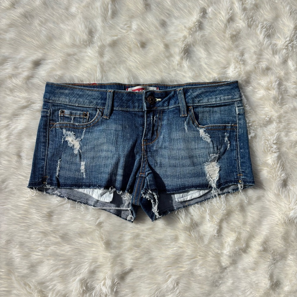 Y2K Vintage T Five Blue Distressed Raw Hem Low Rise Casual  Denim Jean Shorts 3